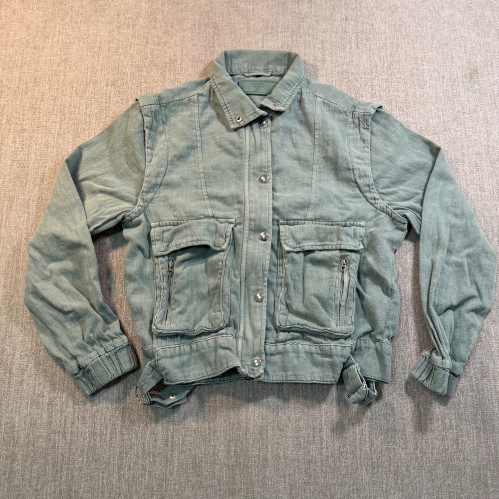 BlankNYC Sage Green Linen Blend Utility Bomber Jacket XS 15BJ5123EE